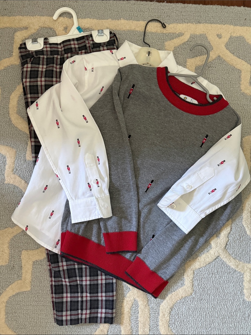 Florence Eiseman Toy Soldier Button Down and Sweater with Plaid Pants set